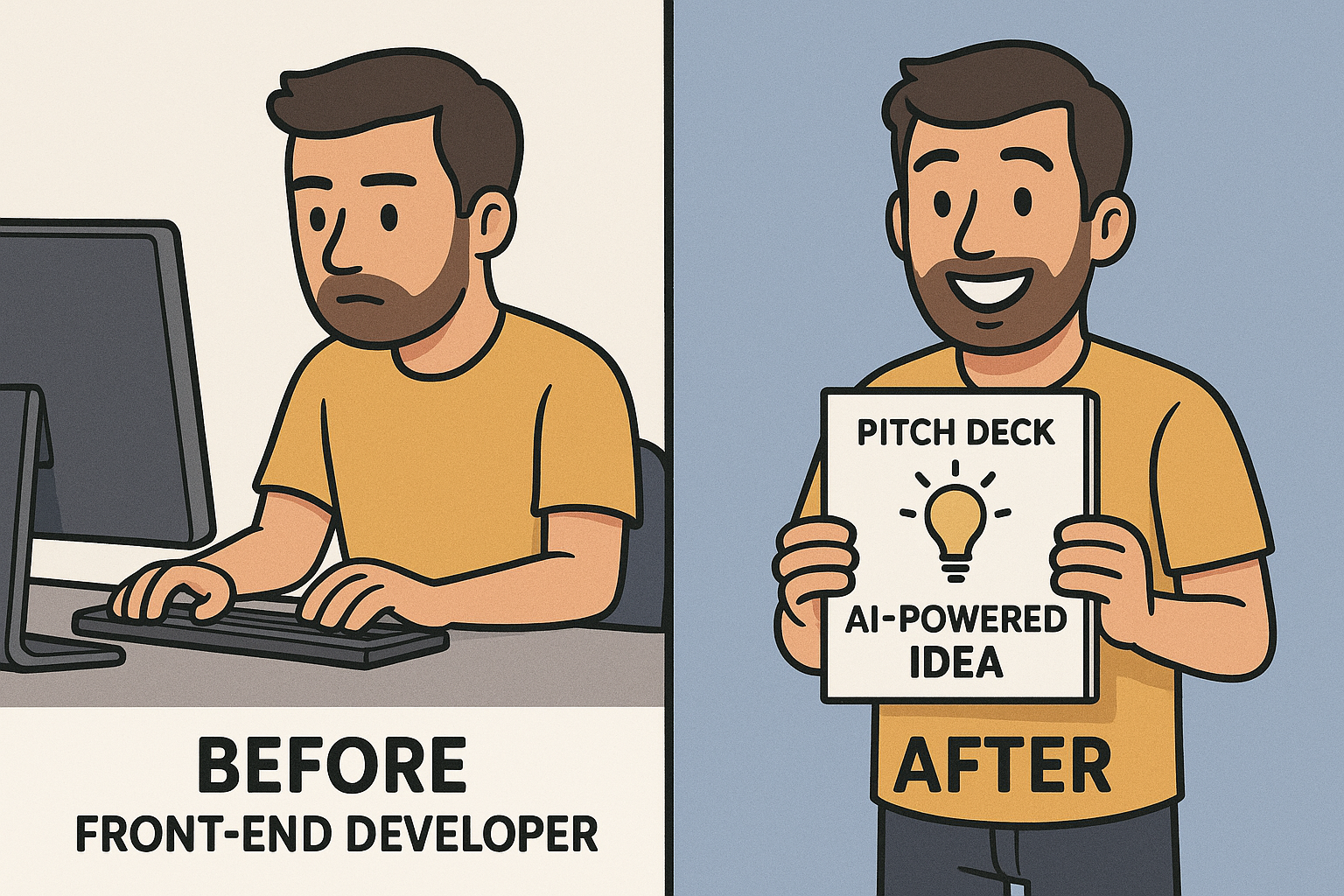 Front-end developer transition: Before showing a sad developer coding, After showing a happy developer with an AI-powered pitch deck